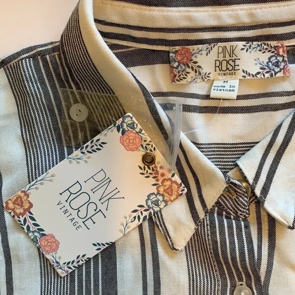 PINK ROSE black natural long sleeve shirtdress summer neutral pinstripe - Picture 5 of 13